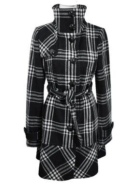 Express Vintage Over Coat Black Plaid Goth Funnel neck Mod 60s Winter Peacoat